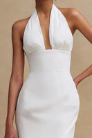 Load image into Gallery viewer, White Bodycon Halter Neck Satin Midi Engagement Dress