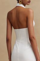 Load image into Gallery viewer, White Bodycon Halter Neck Satin Midi Engagement Dress