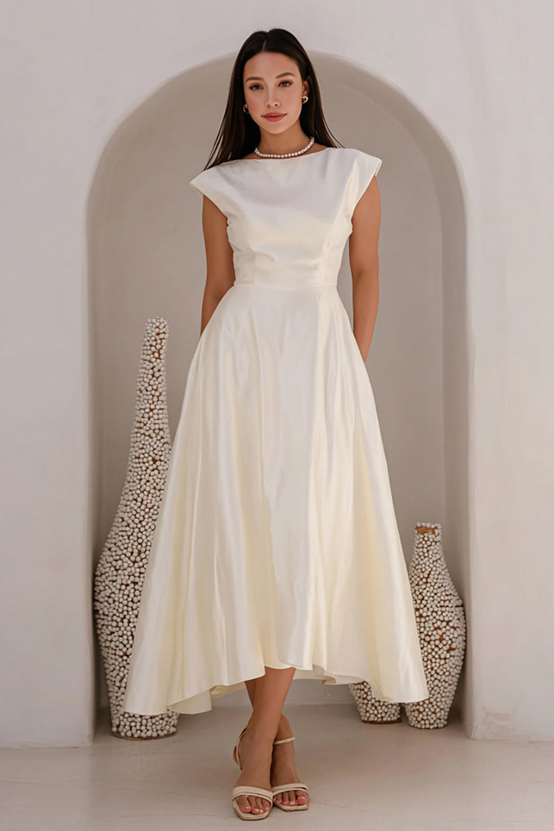Load image into Gallery viewer, Ivory Satin Bateau Neck A Line Long Engagement Dress