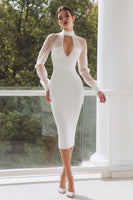 Load image into Gallery viewer, Satin White High Neck Midi Engagement Dress with Keyhole