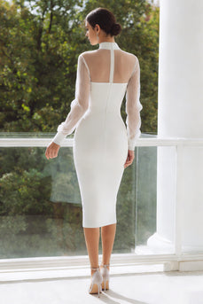 Satin White High Neck Midi Engagement Dress with Keyhole