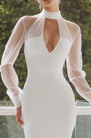 Load image into Gallery viewer, Satin White High Neck Midi Engagement Dress with Keyhole
