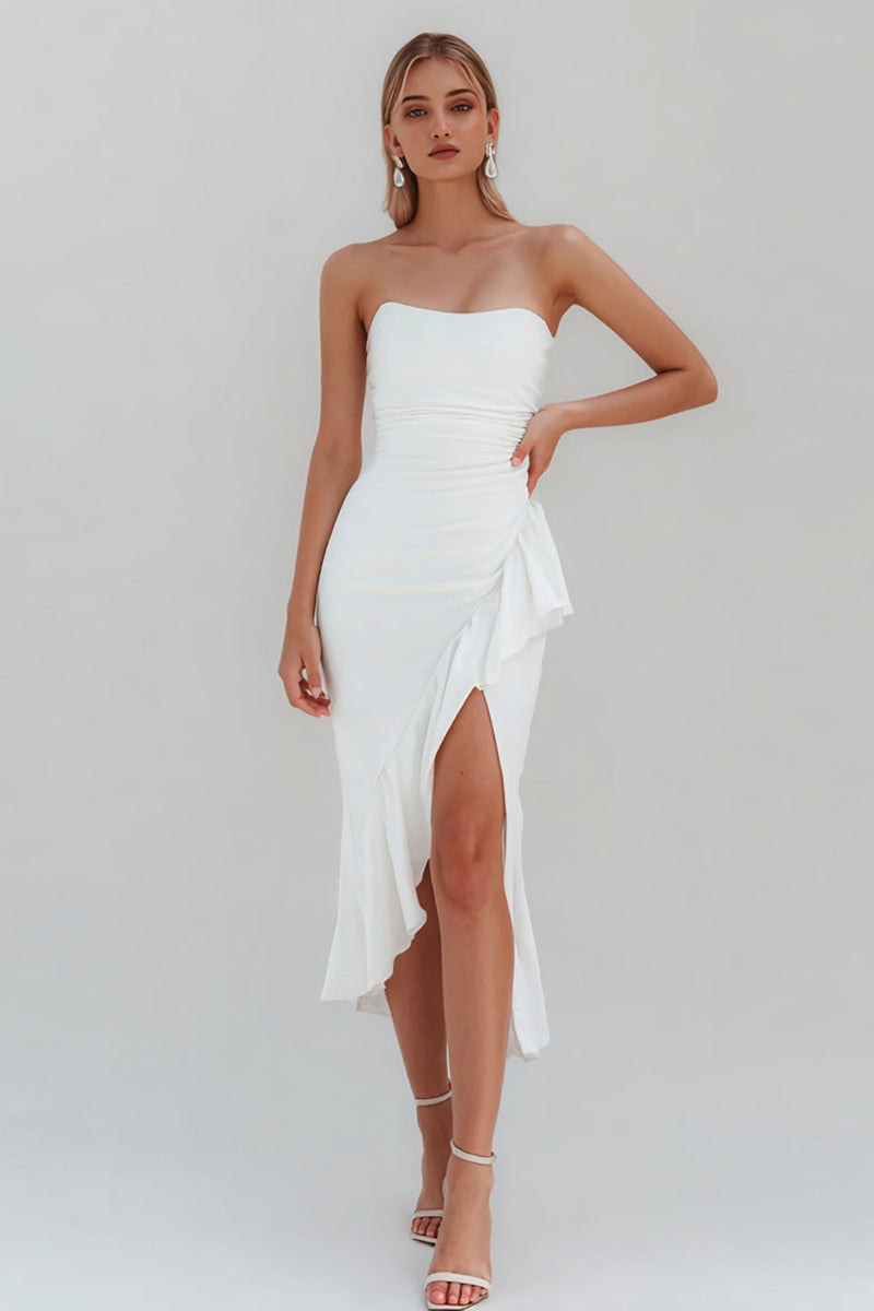 Load image into Gallery viewer, White Ruffled Ruched Satin Midi Engagement Dress with Slit