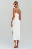 Load image into Gallery viewer, White Ruffled Ruched Satin Midi Engagement Dress with Slit