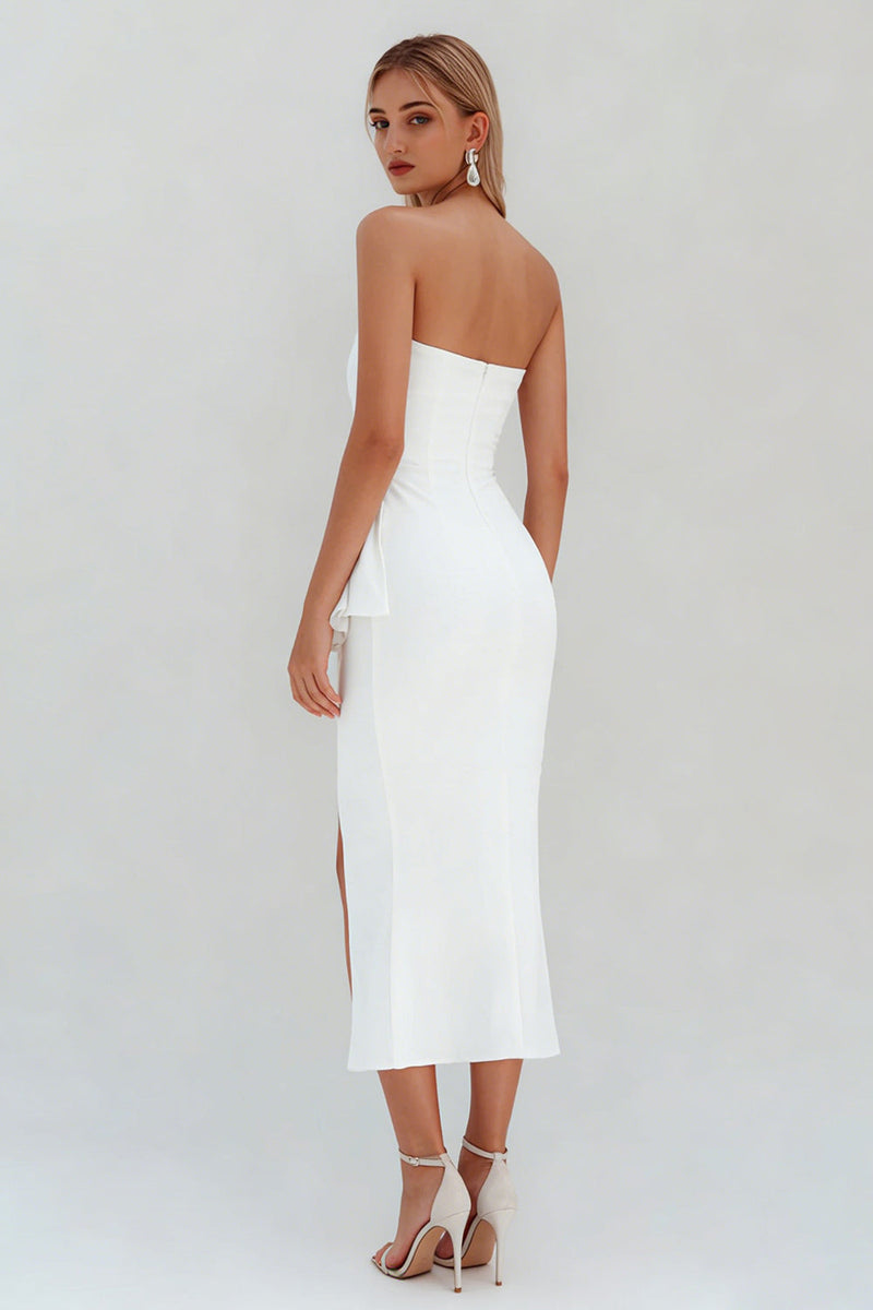 Load image into Gallery viewer, White Ruffled Ruched Satin Midi Engagement Dress with Slit