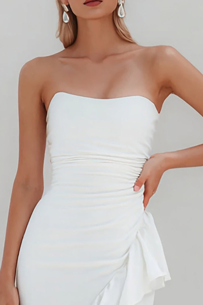 Load image into Gallery viewer, White Ruffled Ruched Satin Midi Engagement Dress with Slit
