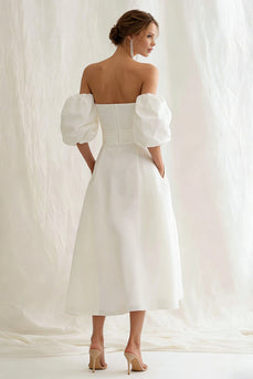 Simple Ivory Puff Sleeves A Line Maxi Engagement Dress