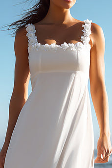 White Square Neck Chiffon A Line Long Wedding Reception Dress