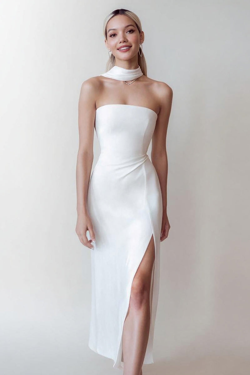 Load image into Gallery viewer, Simple Neck Scarf White Maxi Wedding Reception Dress with Slit