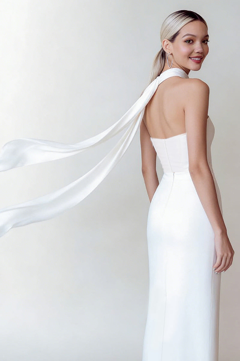Load image into Gallery viewer, Simple Neck Scarf White Maxi Wedding Reception Dress with Slit