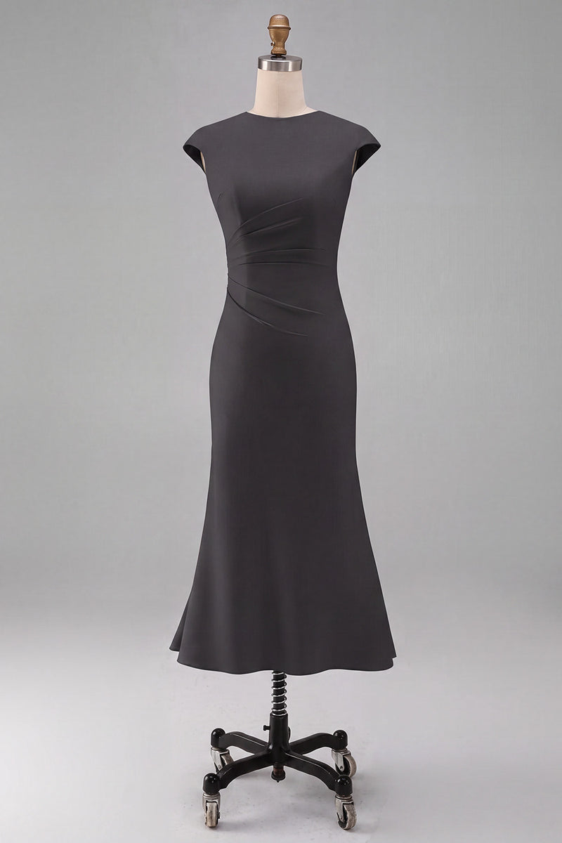 Load image into Gallery viewer, Simple White Bodycon Crew Neck Ruched Midi Rehearsal Dinner Dress