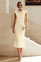 Load image into Gallery viewer, Simple White Bodycon Crew Neck Ruched Midi Rehearsal Dinner Dress
