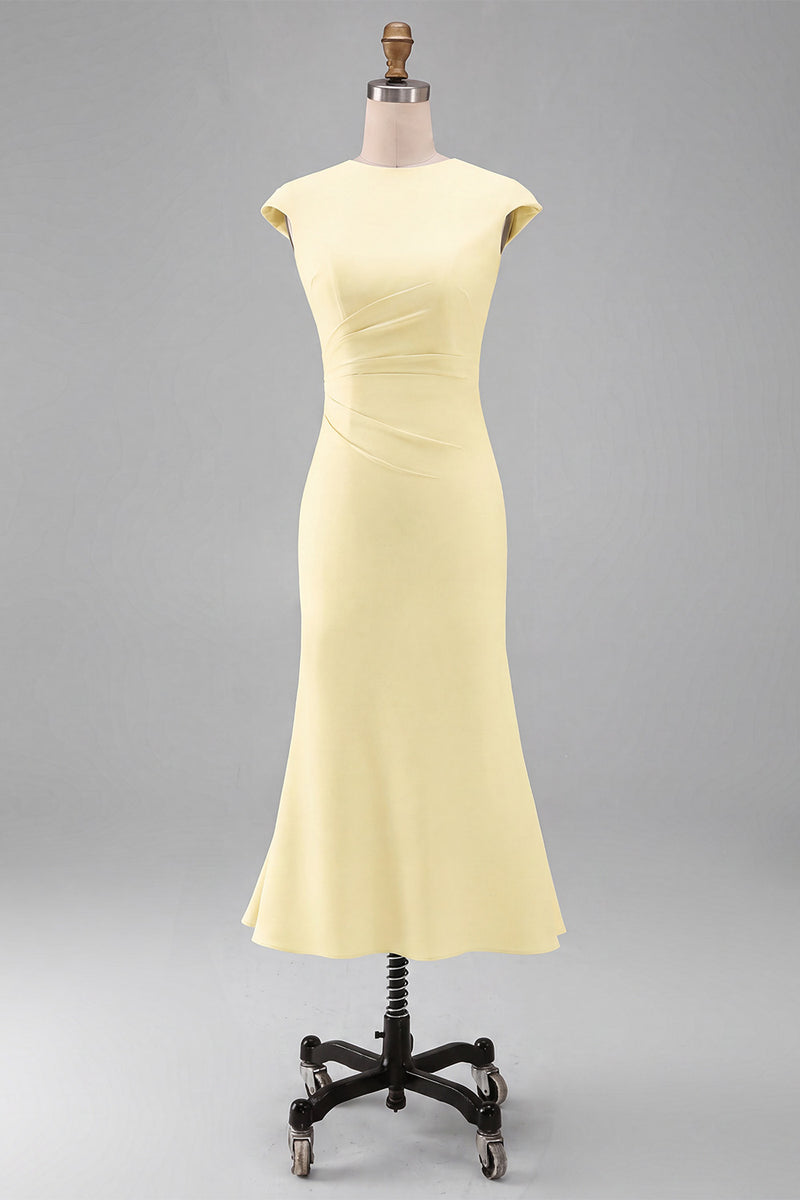 Load image into Gallery viewer, Simple White Bodycon Crew Neck Ruched Midi Rehearsal Dinner Dress