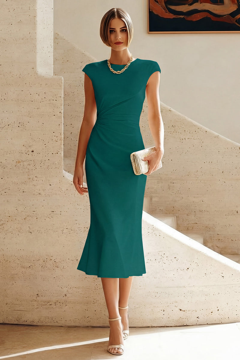 Load image into Gallery viewer, Simple White Bodycon Crew Neck Ruched Midi Rehearsal Dinner Dress