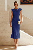 Load image into Gallery viewer, Simple White Bodycon Crew Neck Ruched Midi Rehearsal Dinner Dress