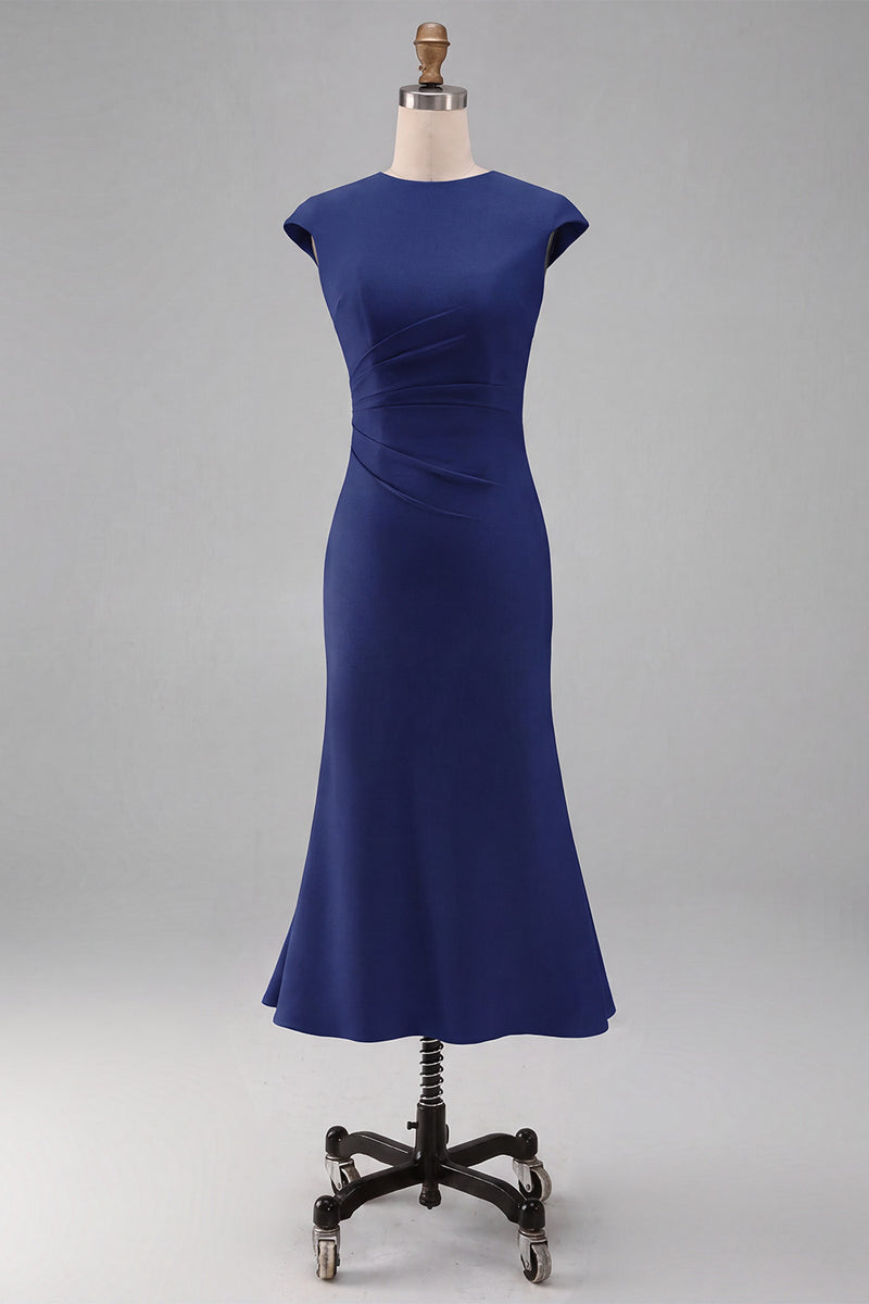 Load image into Gallery viewer, Simple White Bodycon Crew Neck Ruched Midi Rehearsal Dinner Dress