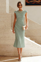 Load image into Gallery viewer, Simple White Bodycon Crew Neck Ruched Midi Rehearsal Dinner Dress