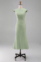 Load image into Gallery viewer, Simple White Bodycon Crew Neck Ruched Midi Rehearsal Dinner Dress