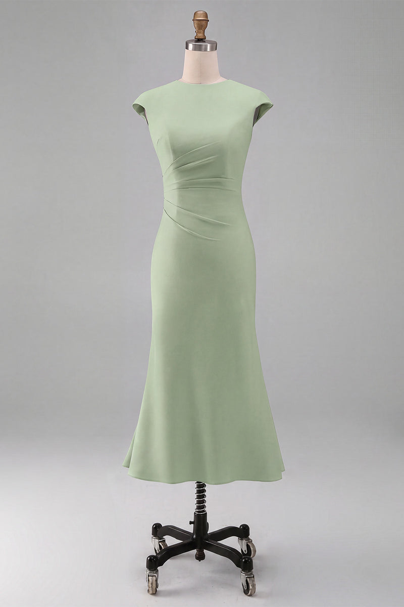 Load image into Gallery viewer, Simple White Bodycon Crew Neck Ruched Midi Rehearsal Dinner Dress