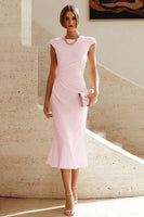 Load image into Gallery viewer, Simple White Bodycon Crew Neck Ruched Midi Rehearsal Dinner Dress