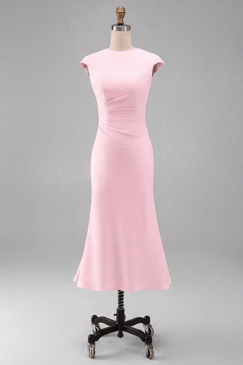 Load image into Gallery viewer, Simple White Bodycon Crew Neck Ruched Midi Rehearsal Dinner Dress
