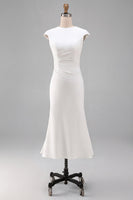 Load image into Gallery viewer, Simple White Bodycon Crew Neck Ruched Midi Rehearsal Dinner Dress