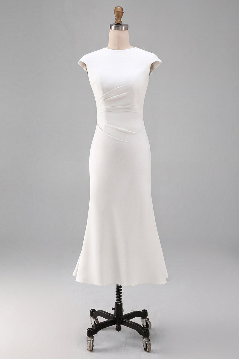 Load image into Gallery viewer, Simple White Bodycon Crew Neck Ruched Midi Rehearsal Dinner Dress