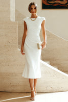 Load image into Gallery viewer, Simple White Bodycon Crew Neck Ruched Midi Rehearsal Dinner Dress