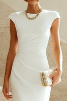 Load image into Gallery viewer, Simple White Bodycon Crew Neck Ruched Midi Rehearsal Dinner Dress