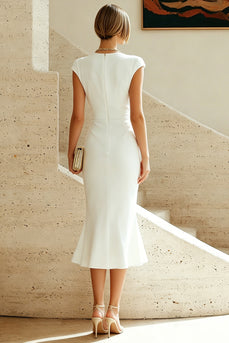 Simple White Bodycon Crew Neck Ruched Midi Rehearsal Dinner Dress