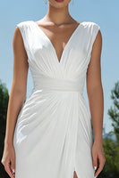Load image into Gallery viewer, Simple White Ruched V-Neck Midi Engagement Dress With Slit