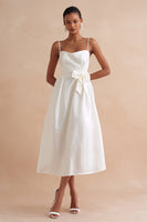 Load image into Gallery viewer, A Line White Spaghetti Straps Midi Engagement Dress with Bow