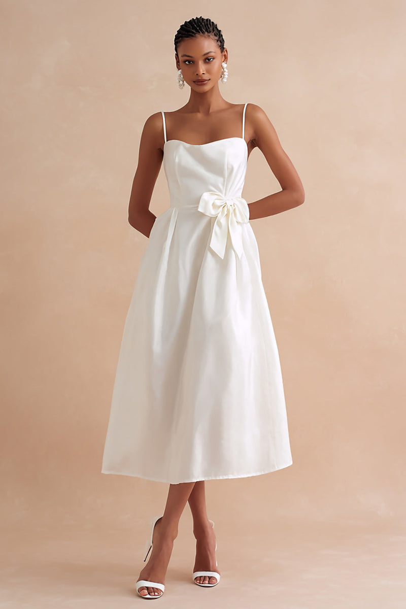 Load image into Gallery viewer, A Line White Spaghetti Straps Midi Engagement Dress with Bow