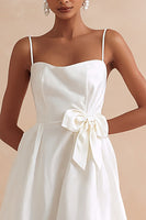 Load image into Gallery viewer, A Line White Spaghetti Straps Midi Engagement Dress with Bow