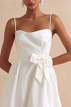 A Line White Spaghetti Straps Midi Engagement Dress with Bow