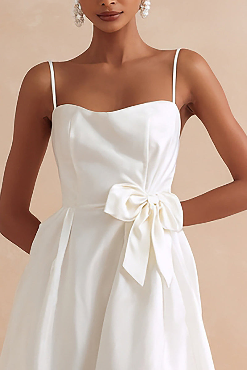 Load image into Gallery viewer, A Line White Spaghetti Straps Midi Engagement Dress with Bow