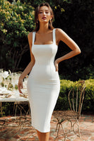 Load image into Gallery viewer, Square Neck White Bodycon Midi Bridal Shower Dress