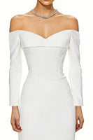 Load image into Gallery viewer, Simple White Long Sleeves Sheath Wedding Reception Dress with Slit