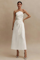 Load image into Gallery viewer, White A Line Ruched Strapless Midi Engagement Dress