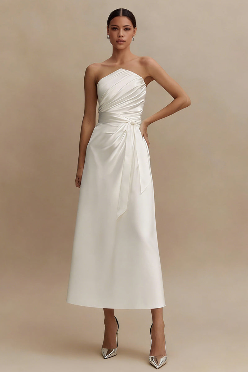 Load image into Gallery viewer, White A Line Ruched Strapless Midi Engagement Dress