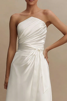 White A Line Ruched Strapless Midi Engagement Dress