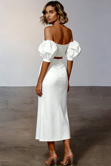 2 Piece Sheath White Midi Engagement Dress with Sleeves
