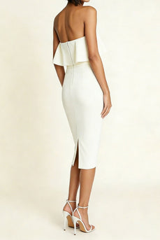 Simple White Strapless Midi Sheath Engagement Dress