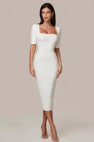 Load image into Gallery viewer, Simple White Bodycon Square Neck Midi Engagement Dress with Sleeves