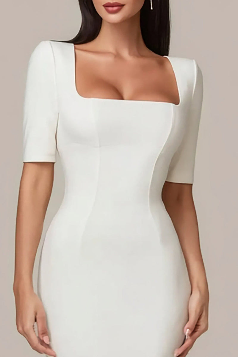 Load image into Gallery viewer, Simple White Bodycon Square Neck Midi Engagement Dress with Sleeves