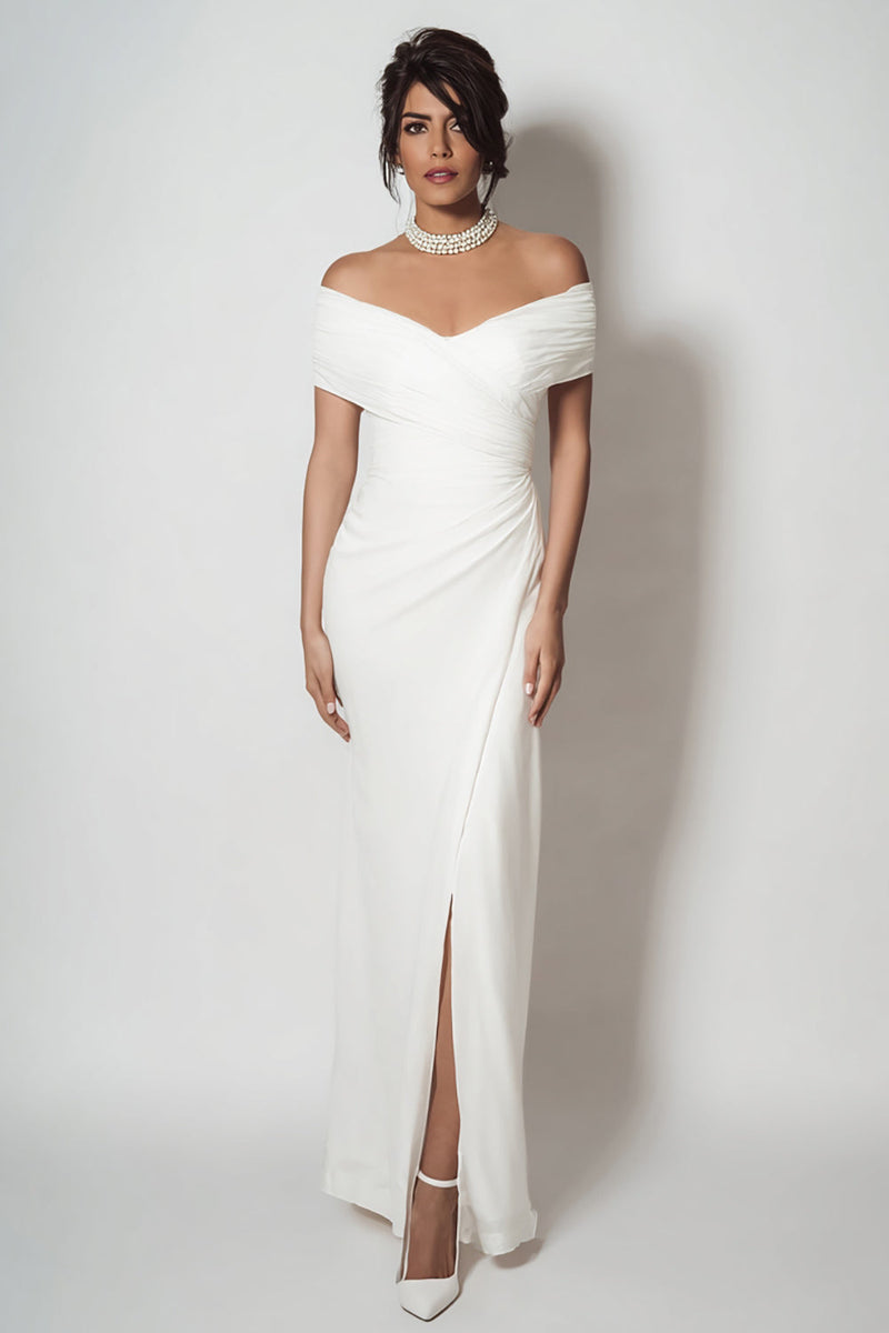 Load image into Gallery viewer, White Off the Shouder Long Sheath Engagement Dress with Slit