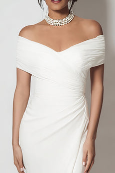 White Off the Shouder Long Sheath Engagement Dress with Slit