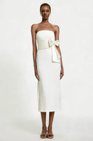 Load image into Gallery viewer, White Strapless Satin Sheath Midi Engagement Dress with Bow