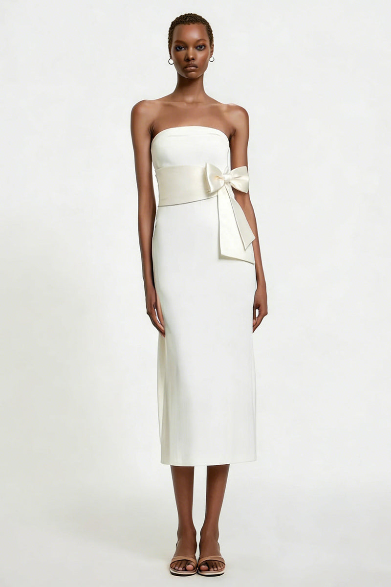 Load image into Gallery viewer, White Strapless Satin Sheath Midi Engagement Dress with Bow