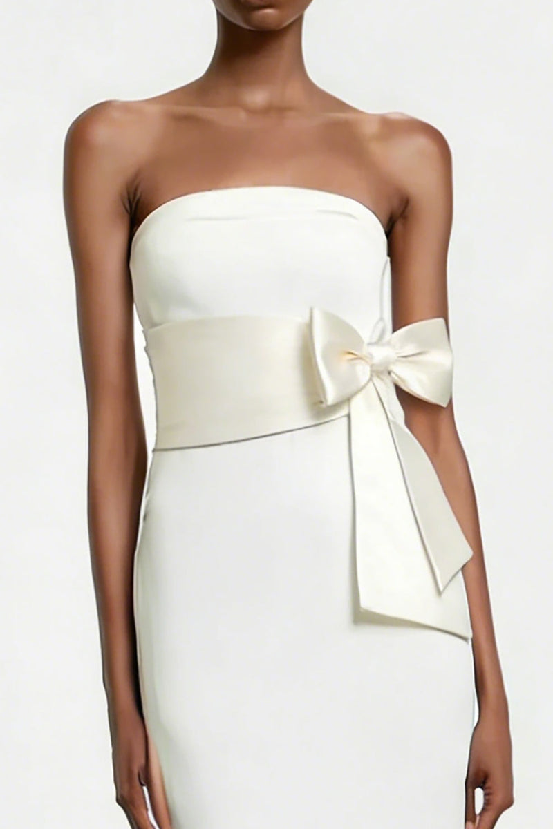 Load image into Gallery viewer, White Strapless Satin Sheath Midi Engagement Dress with Bow